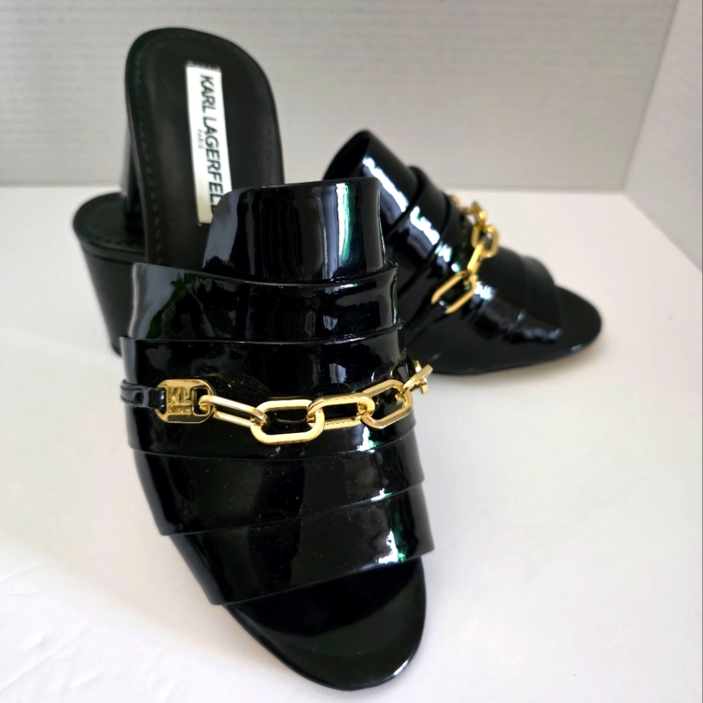 Karl Lagerfeld Black Paris Haley Patent Leather Women's Shoes with Gold Chain